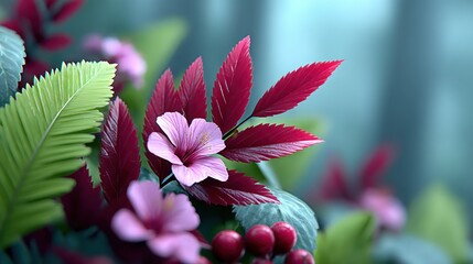 Aufkleber - Vibrant Pink Flowers and Deep Red Leaves in Lush Green Foliage A Stunning Close Up of Nature's Beauty