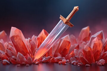 Poster - Fantasy Sword Embedded in Sparkling Red Crystals Magical Game Asset or 3D Render