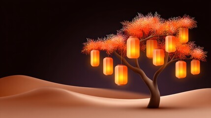 Poster - Illuminated Lanterns Hanging from a Bonsai Tree in a Desert Setting at Night