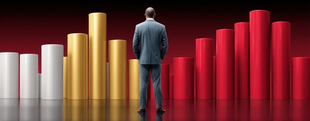 Poster - Businessman Viewing Financial Charts Showing Success and Decline Gold and Red Columns