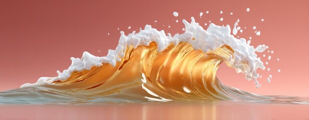 Aufkleber - Stunning 3D Render of a Golden Liquid Wave Crashing with White Foam Perfect for Beverage or Abstract Designs