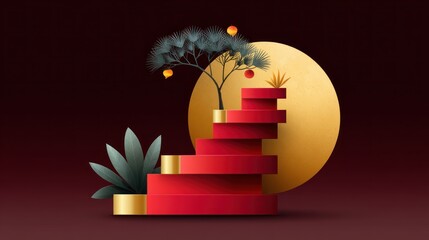 Aufkleber - Elegant Red And Gold Product Display Platform with Tropical Plants and a Moon