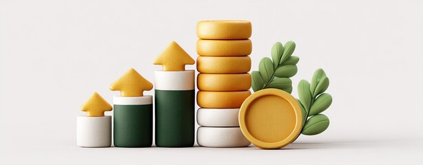 Aufkleber - A stylized illustration shows financial growth with coins, arrows, and decorative leaves on a white backdrop.
