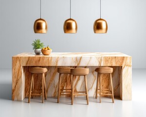 Poster - Modern kitchen island made of marble with three wooden stools and gold pendant lights above on white background.