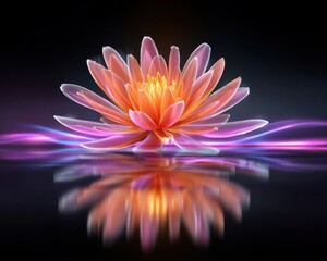 Poster - Glowing Water Lily Flower Reflection Peaceful Serenity Dark Background