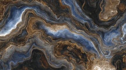 Poster - Abstract art of swirling colors in brown, blue, and gold tones resembling fluid marble patterns creating a captivating organic design for backgrounds or textures