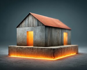 Aufkleber - A miniature house model glows with warm light emanating from doorway and base, placed on textured surface.