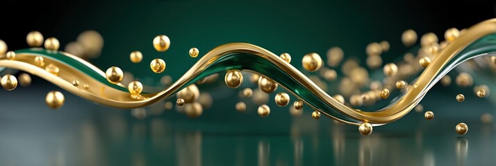 Poster - Elegant Golden and Emerald Green Liquid Wave with Floating Spheres Abstract Background