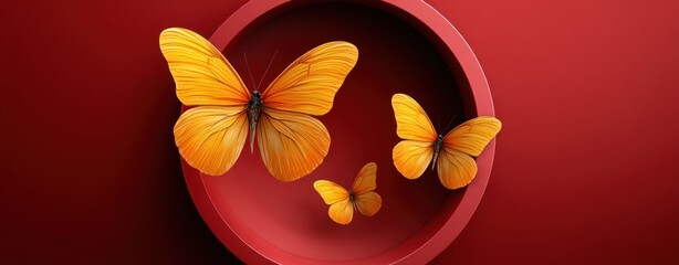Aufkleber - Three Orange Butterflies Flying Inside a Red Circular Frame Abstract Design