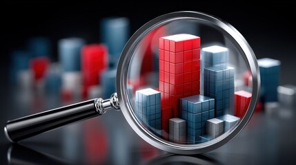 Leinwandbilder - Analyzing Business Growth Magnifying Glass Reveals Key Data Points in 3D Bar Chart Showing Market Trends