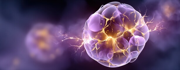 Poster - Abstract Energy Cell glowing purple and gold with electric sparks Science background illustration