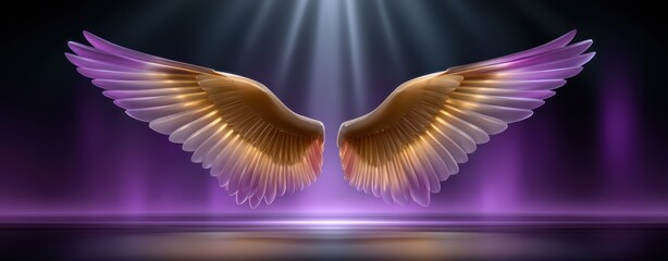 Fototapete - Majestic Golden and Purple Angel Wings Illuminated by Light Beams A Stunning Digital Artwork