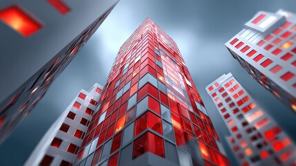 Aufkleber - Modern Cityscape Red and Gray Skyscrapers at Night A Stunning Low Angle View of Illuminated Buildings