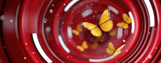 Poster - Yellow Butterflies Dancing in a Red Swirling Vortex Abstract Background