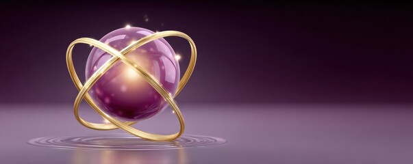 Aufkleber - Elegant Purple Sphere Encircled by Golden Rings Reflecting on Water Surface Abstract 3D Render