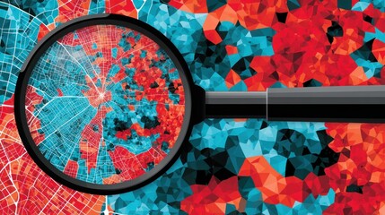 Poster - Magnifying Glass Reveals Detailed City Map Cityscape in Abstract Red and Teal Polygonal Pattern