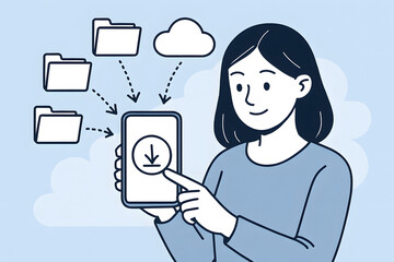 Poster - Data Synchronization Illustration: A user, with a smile on their face, interacts with their device, symbolizing effortless data synchronization between the cloud and local storage.