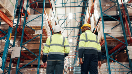 Poster - Low angle, back and people at distribution warehouse for shipping, logistics and delivery team. Inspection, inventory management and employees at plant for stock check, quality assurance and freight