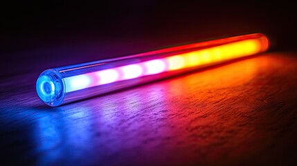 Leinwandbilder - Close up of a cylindrical led light with a gradient of colors from blue to red on a dark surface