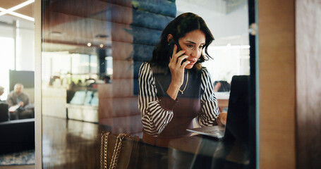 Poster - Feedback, laptop and phone call with business woman in office pod for communication or update. Computer, conversation and planning with mature employee in cubicle for accounting or hybrid work