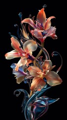 Poster - Glass flowers with orange and purple petals blooming from a dark, surreal, and artistic glass stem