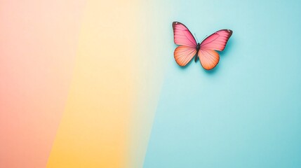 Aufkleber - Pink butterfly is seen perched on a vibrant multicolored background, creating a cheerful and visually appealing composition