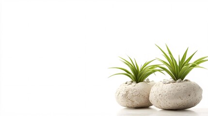 Poster - Two spider plants growing in white stone pots on a white background create a minimalist and serene atmosphere