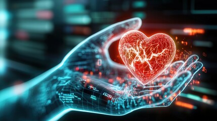 Poster - Digital heart in a hand conceptual technology art abstract environment three-dimensional viewpoint ai and human connection