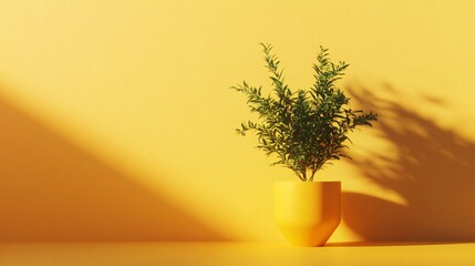 Poster - Small green plant growing in a yellow pot, casting a shadow on a yellow wall, creating a minimalist and vibrant still life