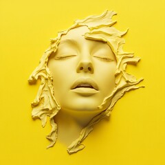Poster - Monochromatic yellow face with closed eyes emerging from a rippled background
