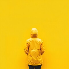 Aufkleber - Person with yellow raincoat standing with hands in pockets against vibrant yellow wall