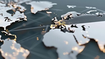 Poster - A digital world map overlayed with interconnected lines where symbols of different languages and cultures light up representing the flow of information and ideas enabled by globalscale