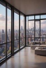 Wall Mural - Sleek modern apartment, panoramic city view from large window ,  furniture,  wood,  bathroom