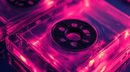 Aufkleber - Translucent cassette tapes glowing under pink-purple neon, revealing nostalgic tech aesthetic with vibrant, futuristic lighting design