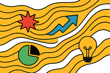 Poster - Modern vector illustration showcasing business growth, creativity, and analytical progress, featuring graphic elements on a vibrant orange background
