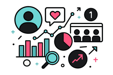 Poster - Vector illustration depicting business analytics with graphs, charts, and user engagement symbols in a modern design