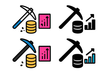 Poster - Modern vector illustration of cryptocurrency mining with data analysis and growth indicators in four design styles