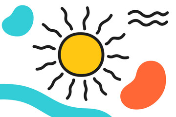 Poster - Bright sun illustration surrounded by colorful abstract shapes and lines reflecting a vibrant summer atmosphere