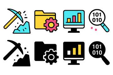 Poster - Modern vector illustrations of data mining concepts with tools, charts, and folders on a clean background showcasing technology and analytics