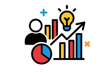 Poster - Vector illustration representing business growth with charts, light bulb, and user silhouette depicting data analysis