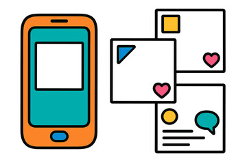 Poster - Vector illustration depicting social media interaction with a smartphone and digital content