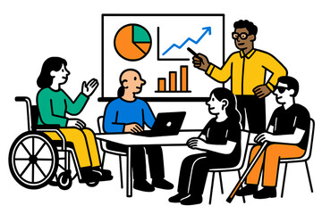 Poster - Diverse team collaborating in a modern workspace, discussing ideas and data during a meeting