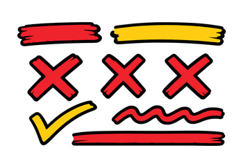 Poster - Colorful modern vector illustrations of hand-drawn checkmarks and crosses on a white background for graphic design elements