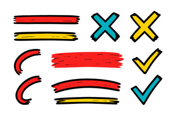 Poster - Modern vector illustration of colorful marks and symbols featuring lines, crosses, and check marks on a light background