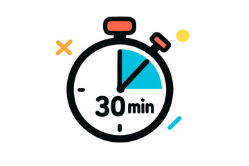 Poster - Creative modern vector illustration of a stopwatch showing 30 minutes with colorful geometric elements surrounding it