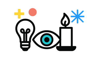 Poster - Modern vector illustration featuring a bulb, eye, candle, and geometric shapes expressing creativity and insight