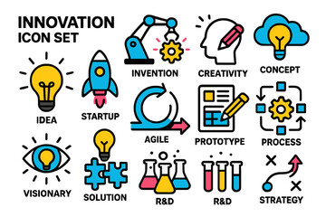 Poster - Exploration of innovation concepts through modern vector illustrations depicting various stages and aspects of creative processes