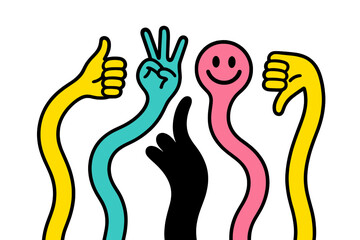 Poster - Colorful vector illustration of expressive hands and symbols conveying various emotions and gestures in a playful design