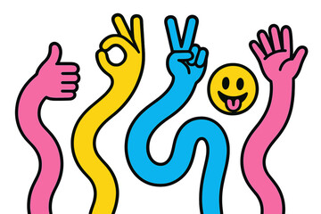 Poster - Colorful vector illustration of expressive hands and a cheerful smiley face displaying various gestures