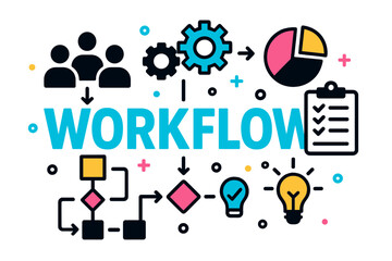 Poster - Modern vector illustration depicting an efficient workflow with charts, gears, and collaborative elements in a professional setting